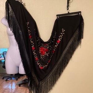Black scarf with Red and Gold Floral Embroidery